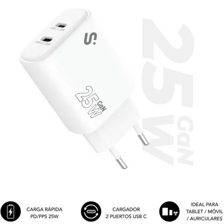 Subblim Cargador de Pared GaN 25 W con Doble Puerto USB-C Blanco